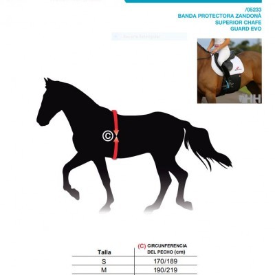 Banda protetora Zandona preta e vermelha para cavalo com tabela de tamanhos