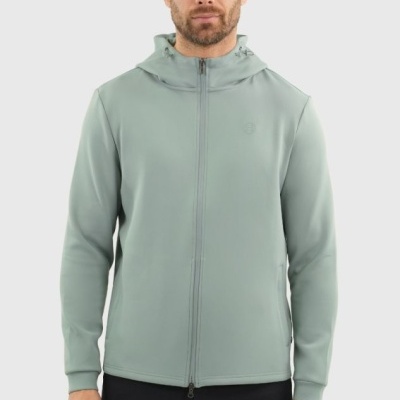 Casaco verde água claro com capuz e zíper frontal completo