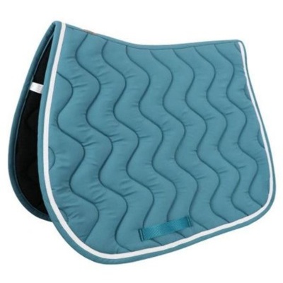 Tapete de cavalo azul acolchoado com bordas brancas e padrão ondulado