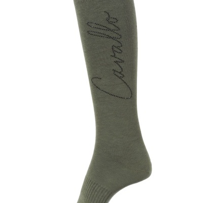 Meia verde militar com palavra 'Cavallo' em relevo no cano