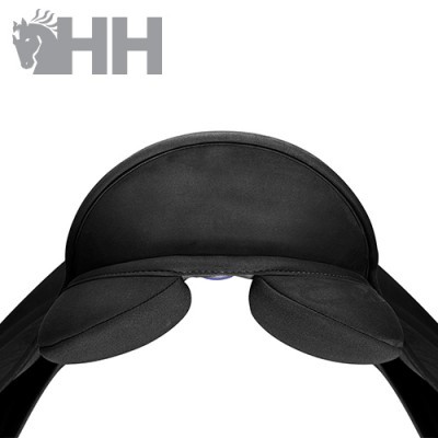 Sela de equitação preta vista de cima com logotipo HH cinzento