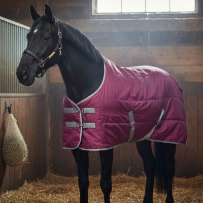 Cavalo preto com manta acolchoada cor de vinho em estábulo