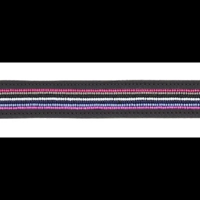 Cinto feminino preto com fivela dourada e faixa listrada colorida