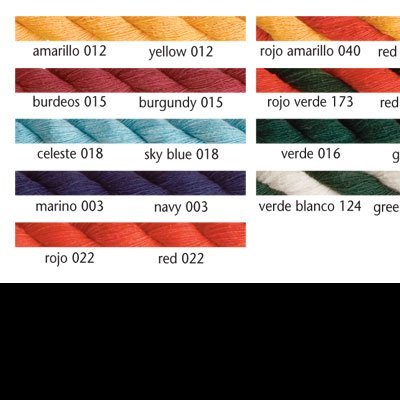 Meadas de fios coloridos para artesanato com etiquetas de cores em espanhol e inglês