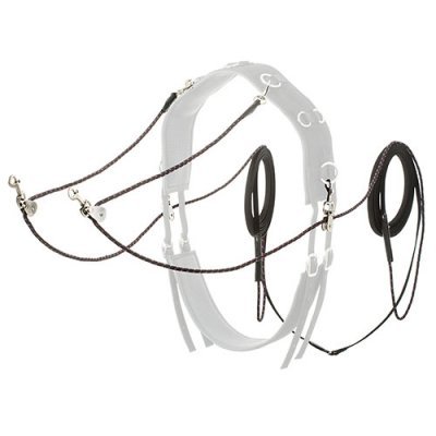 Conjunto de arreios e rédeas para cavalo em couro preto e cinzento com metais prateados