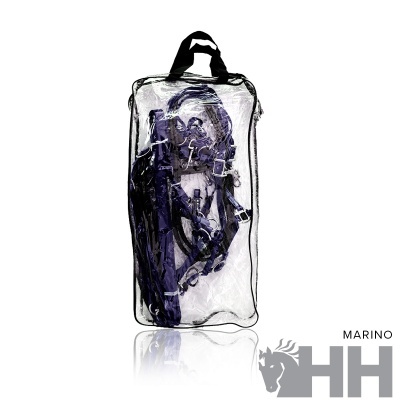 Saco transparente com arrearia de cavalo roxa e logótipo HH