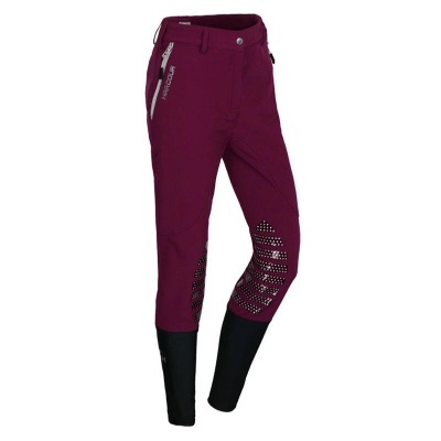 Calças desportivas femininas bordeaux com detalhes pretos e bolsos com fecho