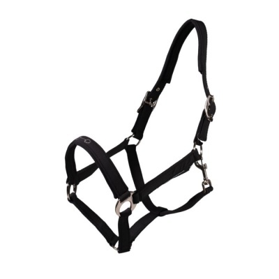 Cabresto de cavalo preto em nylon com fivelas prateadas e argolas