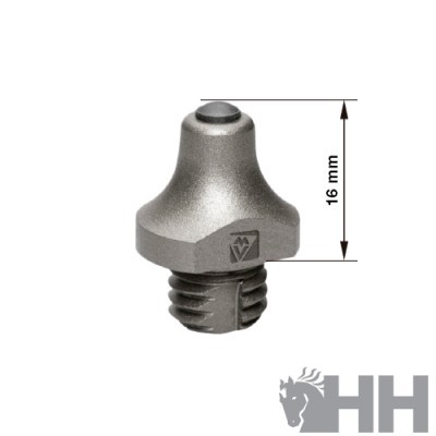 Acessório metálico cinzento com rosca e botão, altura 16 mm, logótipo HH