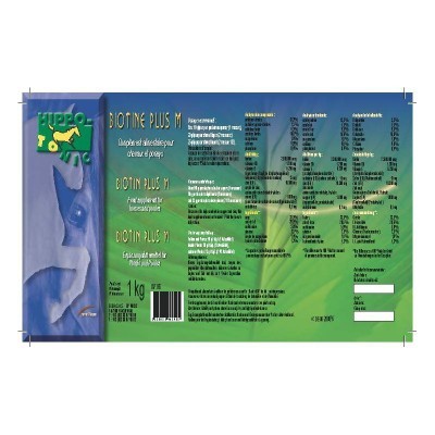 Etiqueta de suplemento Biotin Plus M com fundo azul e verde e texto informativo