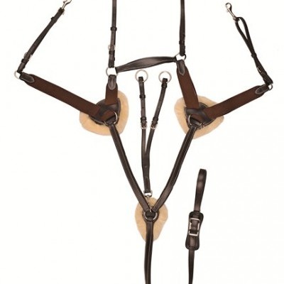 Conjunto de arreios de equitação em couro castanho escuro com acolchoamento bege