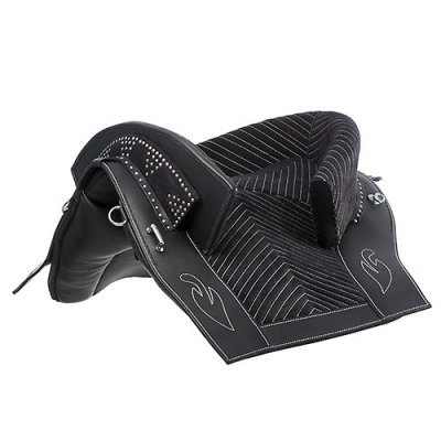 Sela preta para equitação com acolchoado listrado e detalhes em couro