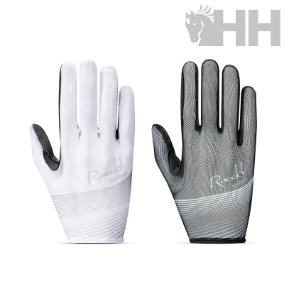 Par de luvas finas para equitação, uma branca e outra preta, com padrão e logo Roeckl