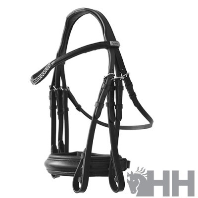 Bridão de montaria em couro preto com detalhes em metal prateado