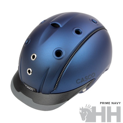 Capacete de ciclismo azul metálico com aberturas para ventilação e detalhes pretos, marca CASCO