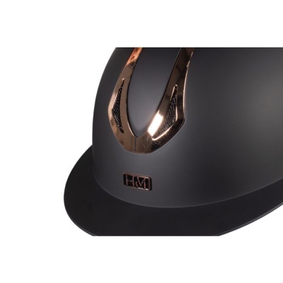 Capacete de equitação preto com detalhes em cobre e logótipo HM