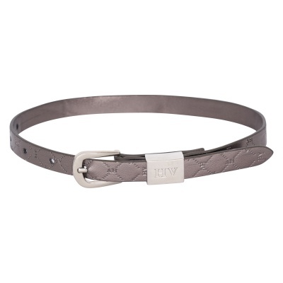 Cinto estreito castanho com padrão em relevo e fivela metálica prateada 'HV'