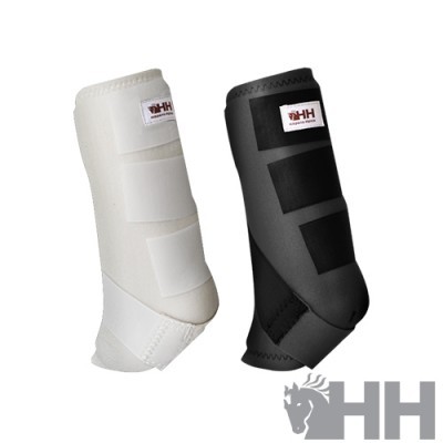 Conjunto de duas proteções para pernas de cavalo, branca e preta, com velcro e etiqueta HH.