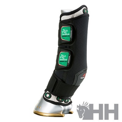 Péleteira de proteção equina preta com fechos verdes e base prateada dourada