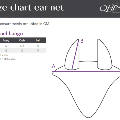 Gráfico de tamanhos para rede de orelhas QHP com medidas em cm para Pony, Cob e Full.