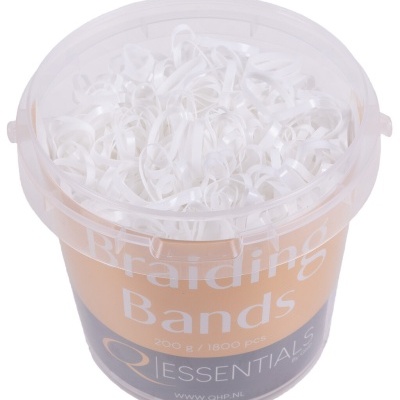 Balde transparente com elásticos brancos para tranças e rótulo Q Essentials