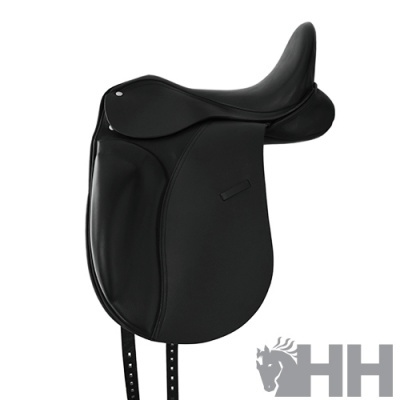 Sela de equitação preta em couro com tiras e logo HH