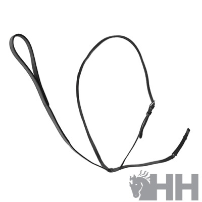 Trela preta fina em couro com alça e fivelas ajustáveis sobre fundo branco