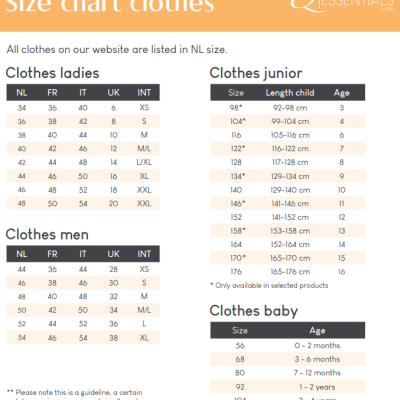 Tabela de tamanhos de roupas para senhoras, homens, juniores e bebés.