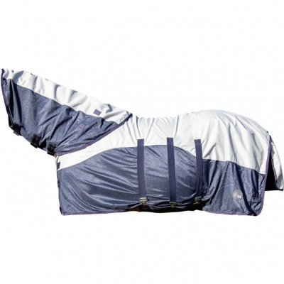 Cobertura para cavalo azul e cinza com tiras ajustáveis e gola alta