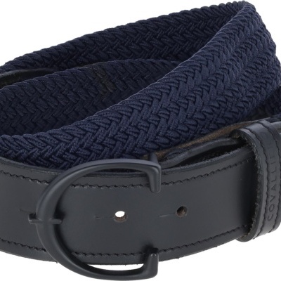 Cinto azul escuro com couro e tecido trançado e fivela preta