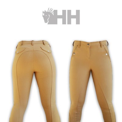 Calças de equitação camel com textura acolchoada e bolsos, vistas frontal e traseira