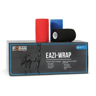 Conjunto de bandagens coesas EAZI-WRAP em vermelho, azul e preto sobre uma caixa da marca FORAN com imagem de cavalo.
