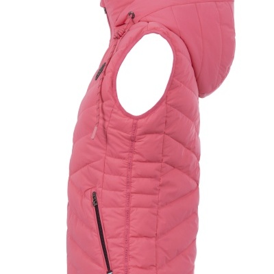 Colete rosa acolchoado com capuz, visto de lado