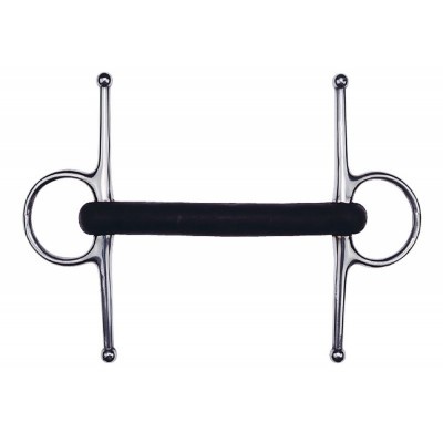 Freno metálico de cavalo com boca preta sobre fundo branco