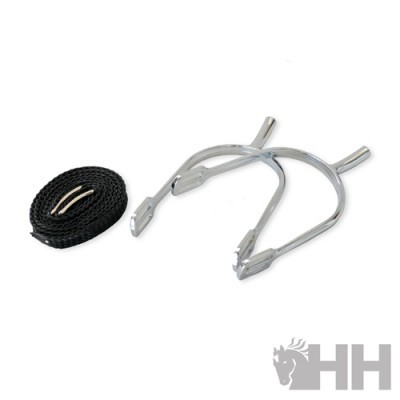 Suporte metálico prateado com correia preta sobre fundo branco e logotipo HH