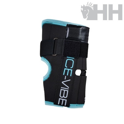 Acessório para gelo em neoprene preto com detalhes azuis e texto ICE-VIBE.