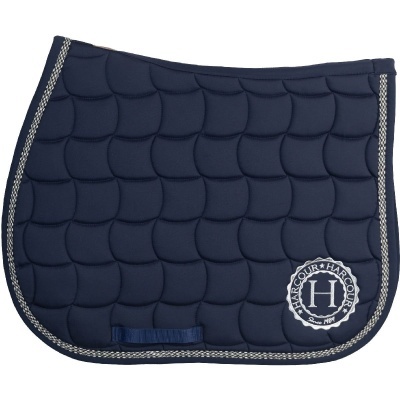 Sapata para sela azul escuro com acolchoado geométrico e logótipo Harcour