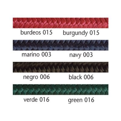 Amostras de corda trançada em cores burdeos, marino, negro e verde com códigos e nomes em espanhol e inglês.
