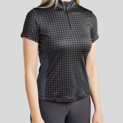 Camisola de senhora de manga curta cinza com padrão pied-de-poule e fecho curto ao centro