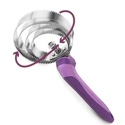 Raspador rotativo com punho roxo e lâminas metálicas afiadas