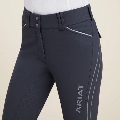 Calças de equitação femininas azul escuro com detalhes cinzentos e marca ARIAT