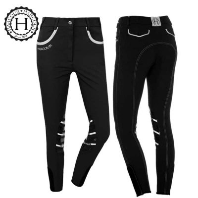 calças de equitação pretas Harcour com detalhes brancos e logotipos