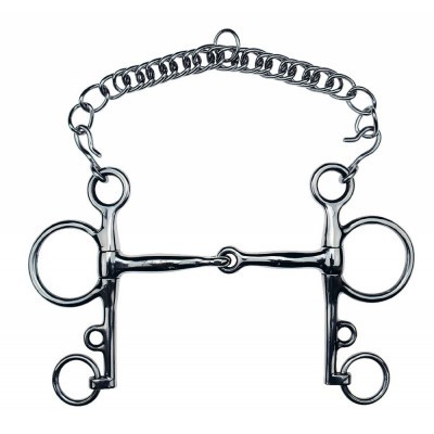 freio de cavalo em metal prateado com corrente e argolas grandes