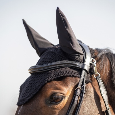 Cavalo castanho com touca preta de crochê nas orelhas e rédea de couro preta