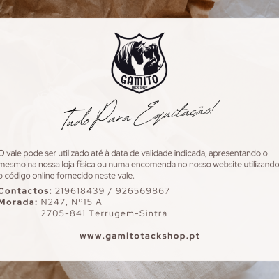Vale-presente branco com logo de cavalo e informações de contacto da GAMITO