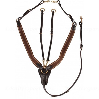 Arnês de couro marrom e bege com metais dourados para equitação