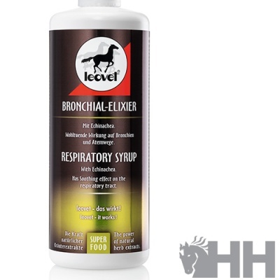 Frasco de xarope respiratório Leovet Bronchial-Elixier com logótipo de cavalo e cão e texto em inglês e alemão