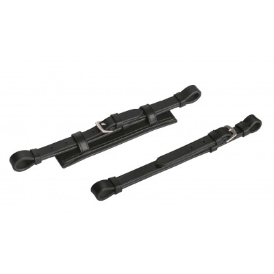 Guias de couro pretas com fivelas metálicas prateadas