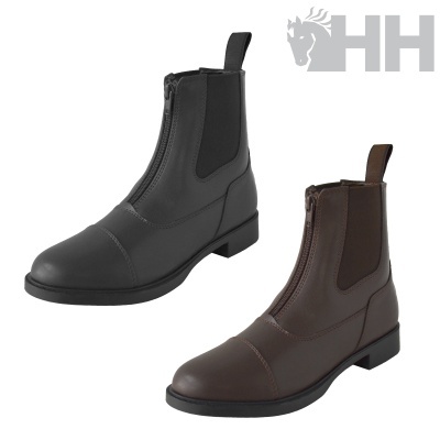 Botas de equitação preta e castanha com fecho dianteiro e elásticos laterais