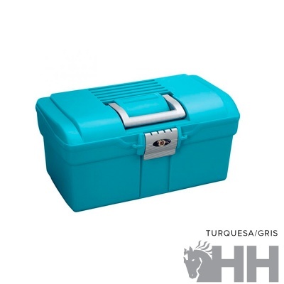 Caixa organizadora turquesa com fecho cinzento e pega, sobre fundo branco com texto e logótipo